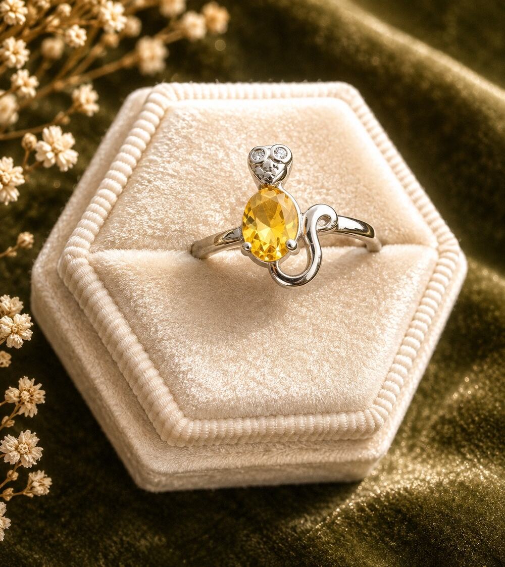 925 Sterling Silver Mouse Ring with Yellow Gemstone Size 8.